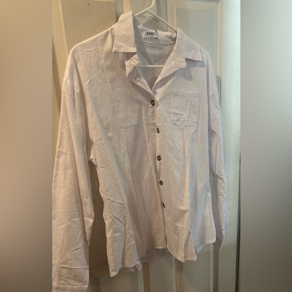 Zaayo Classic White Linen  Button Down Shirt and teal Blue linen button down